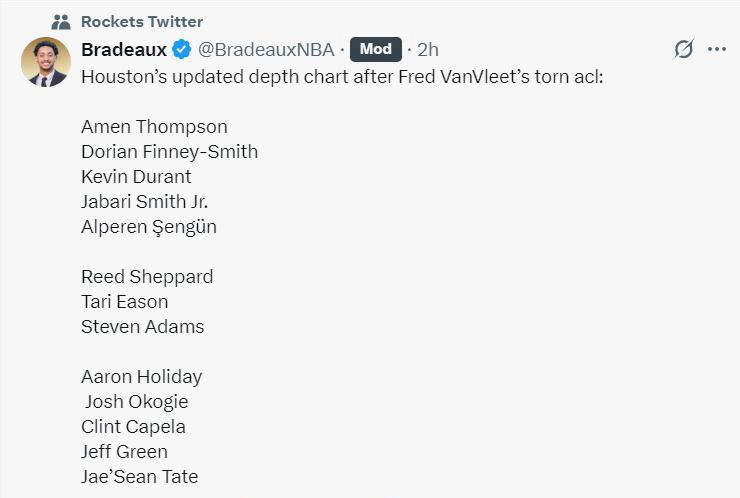 火箭球员范弗利特或赛季报销,建议启用阿门打控卫,13人名单依然强大