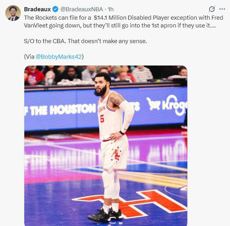 火箭球员范弗利特或赛季报销,建议启用阿门打控卫,13人名单依然强大